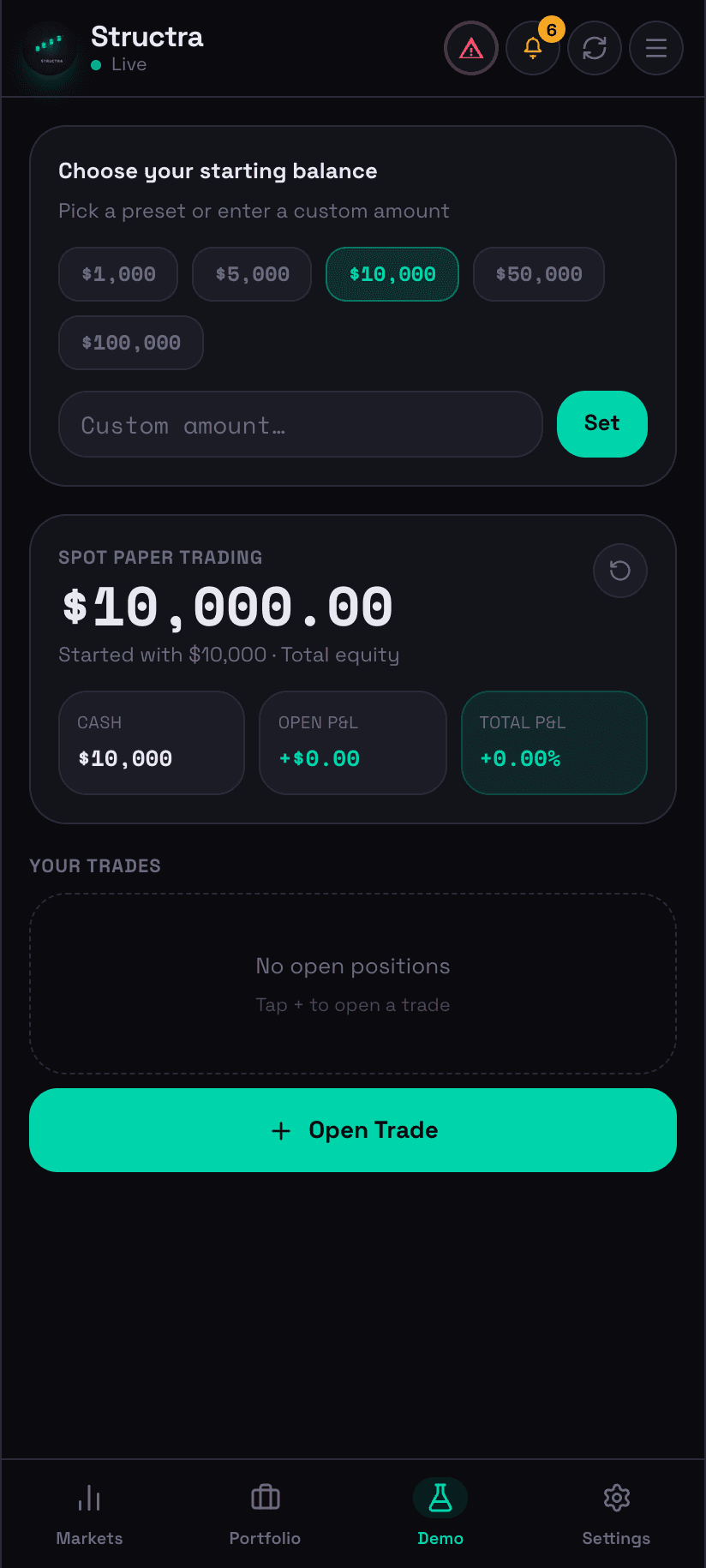 Structra Demo screen β paper trading with virtual balance, open P&L and risk-defined trades